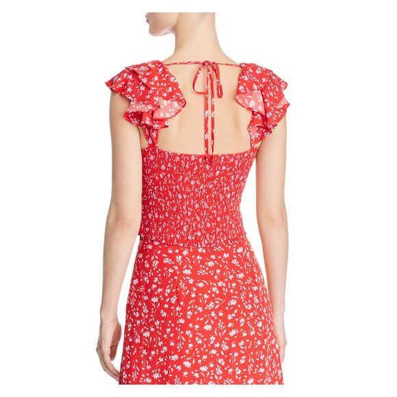 PARKER Womens Red Ruched Floral Cap Sleeve Square Neck Crop Top Size: L - Picture 2 of 2